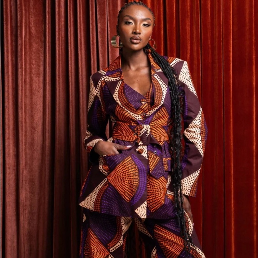 3 piece African Print Blazer, Vest, and wide leg Pants Set.